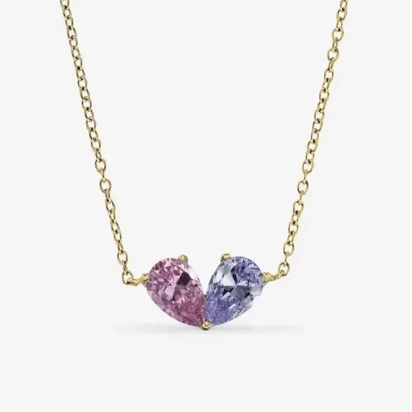 Gold Chérie necklace with a pink tourmaline and an amethyst pear stone